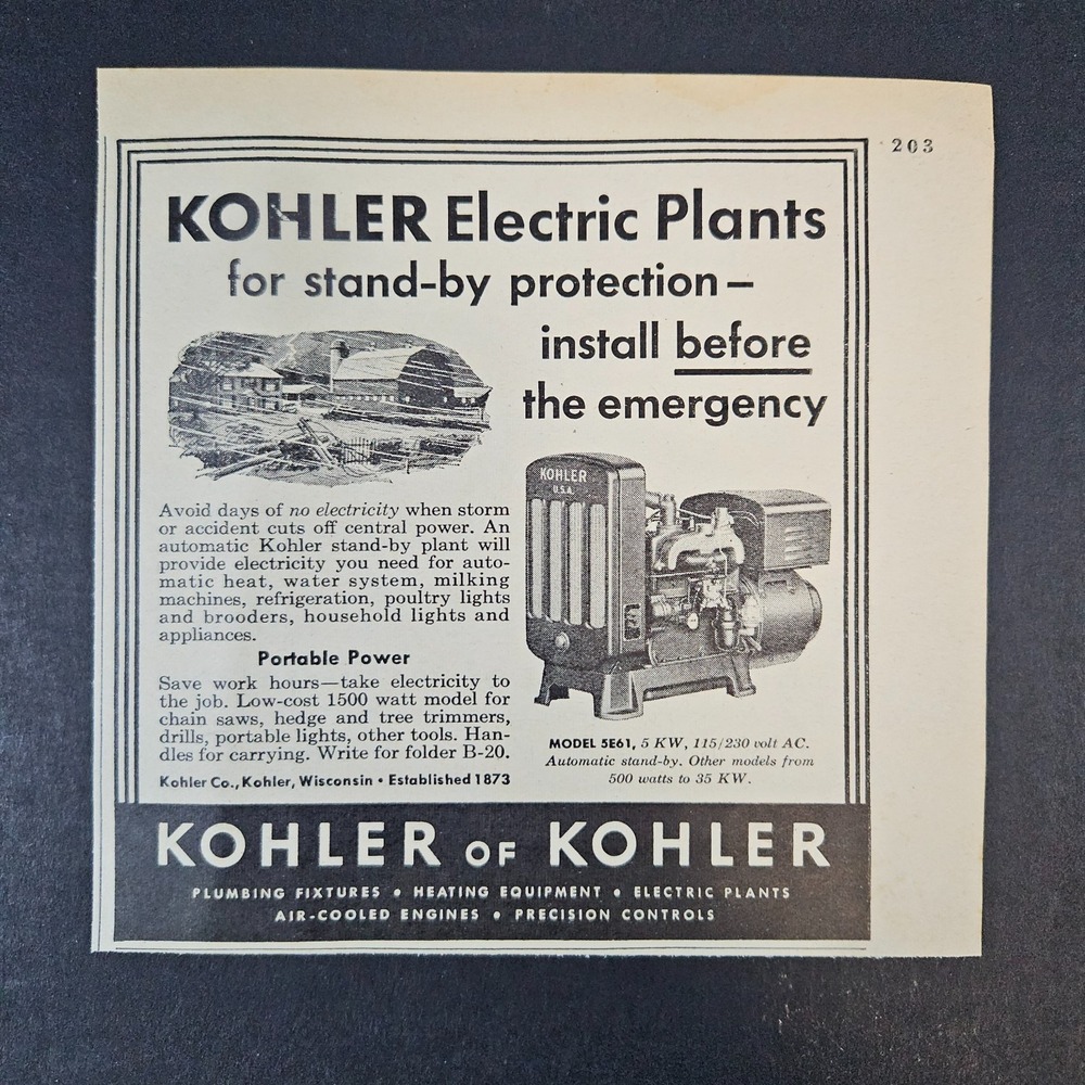 1955 Kohler WI Electric Plants Vintage Print Ad Stand-By Generator Model 5E61